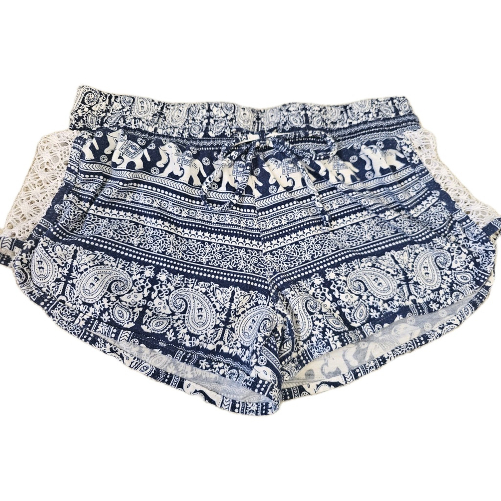 Raya SunBlue -White Elephant Print Shorts Women Medium, Back Pocket,side Laces